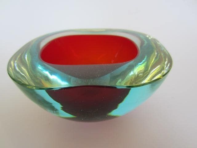 Murano Sommerso Oval Faceted Red Blue And Glowing Green Geode Art Glass Bowl photo for sale