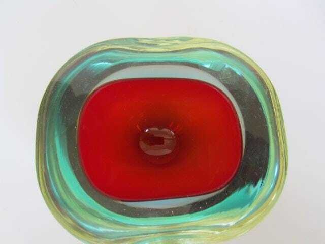 Murano Sommerso Oval Faceted Red Blue And Glowing Green Geode Art Glass Bowl photo buy