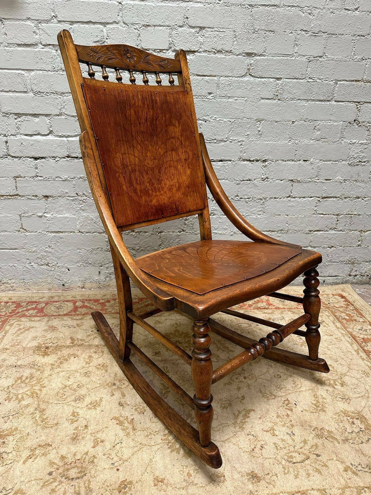 Antique Early 20th Edwardian Century Beech Floral Occasional Rocking Chair