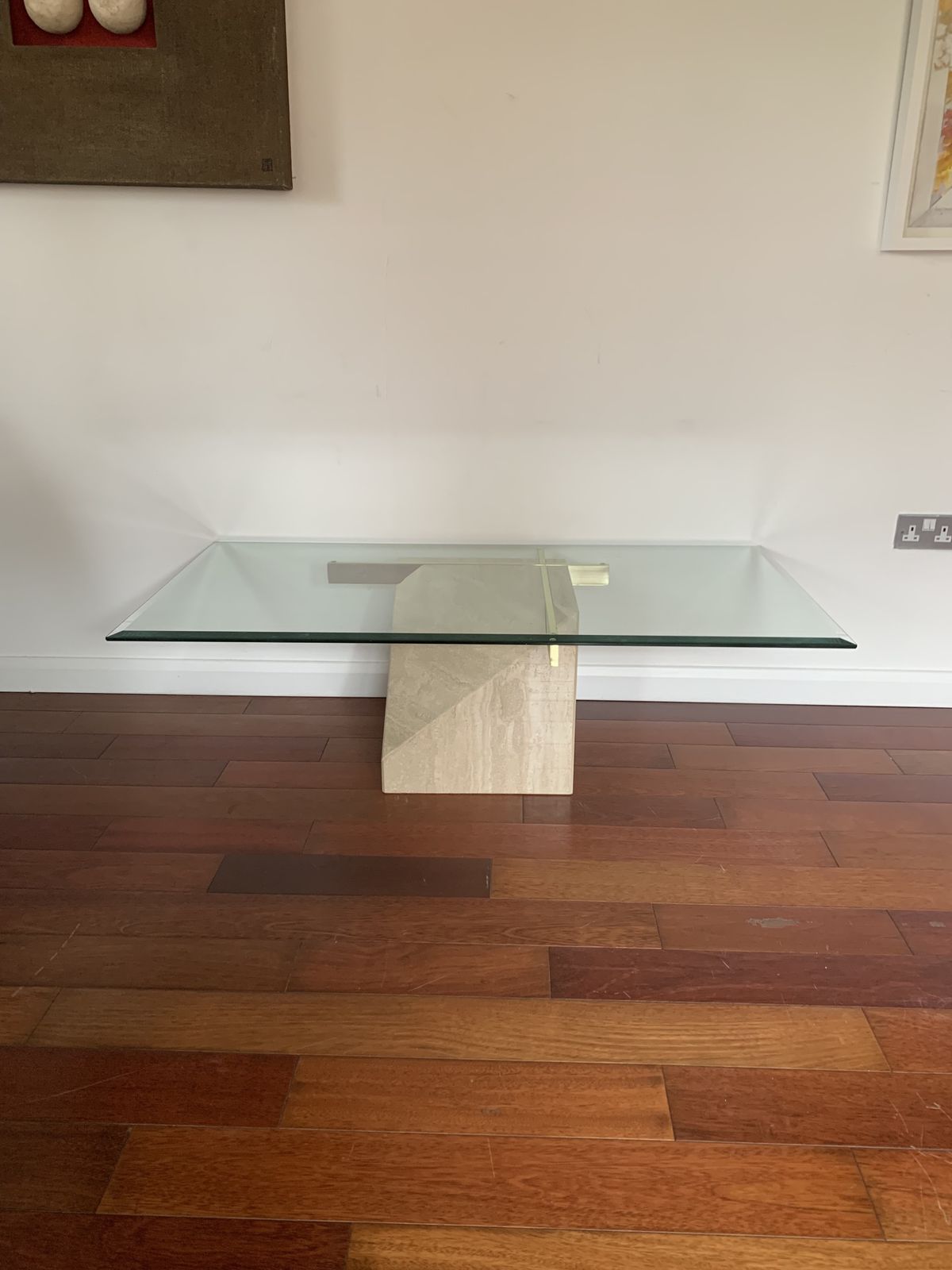 Italian Vintage Travertine, Brass And Glass Coffee Table, By Artedi , 1970s photo 825.0