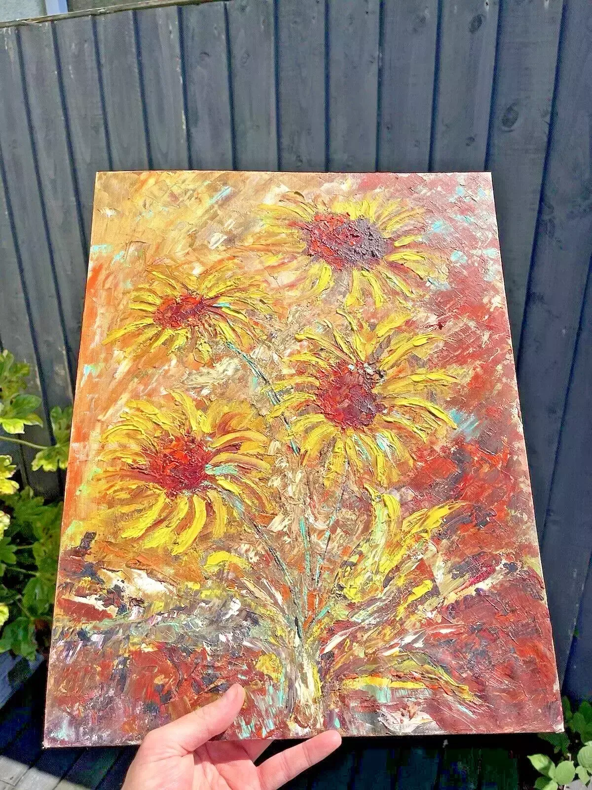 Vintage Original Floral Sunflower Bouquet Textured Abstract Still Life Painting photo 120.0