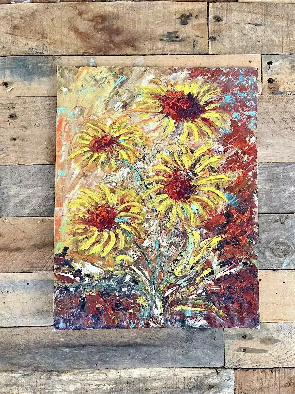 photo for sale Vintage Original Floral Sunflower Bouquet Textured Abstract Still Life Painting