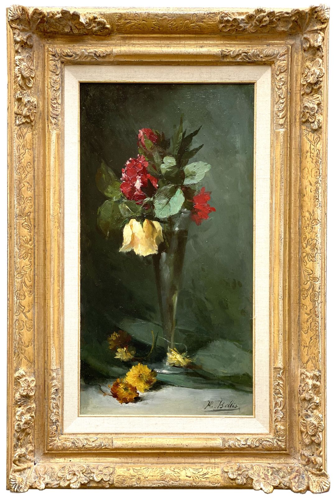 'Red And Yellow Roses In A Glass Vase' By Hubert Bellis ( 1831   Brussel   1902)