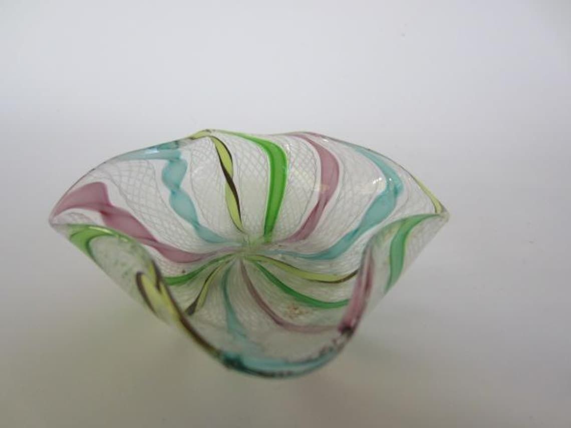 Murano Rare Zanfirico Latticino Pastel Rainbow Ribbon Ruffled Square Bowl photo furniture