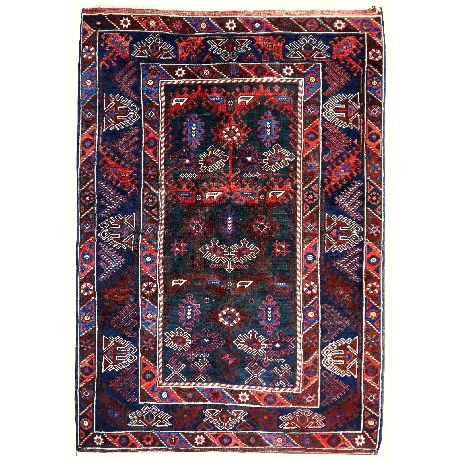 Turkish Rug Hand Knotted Semi Antique With Rare Green Field