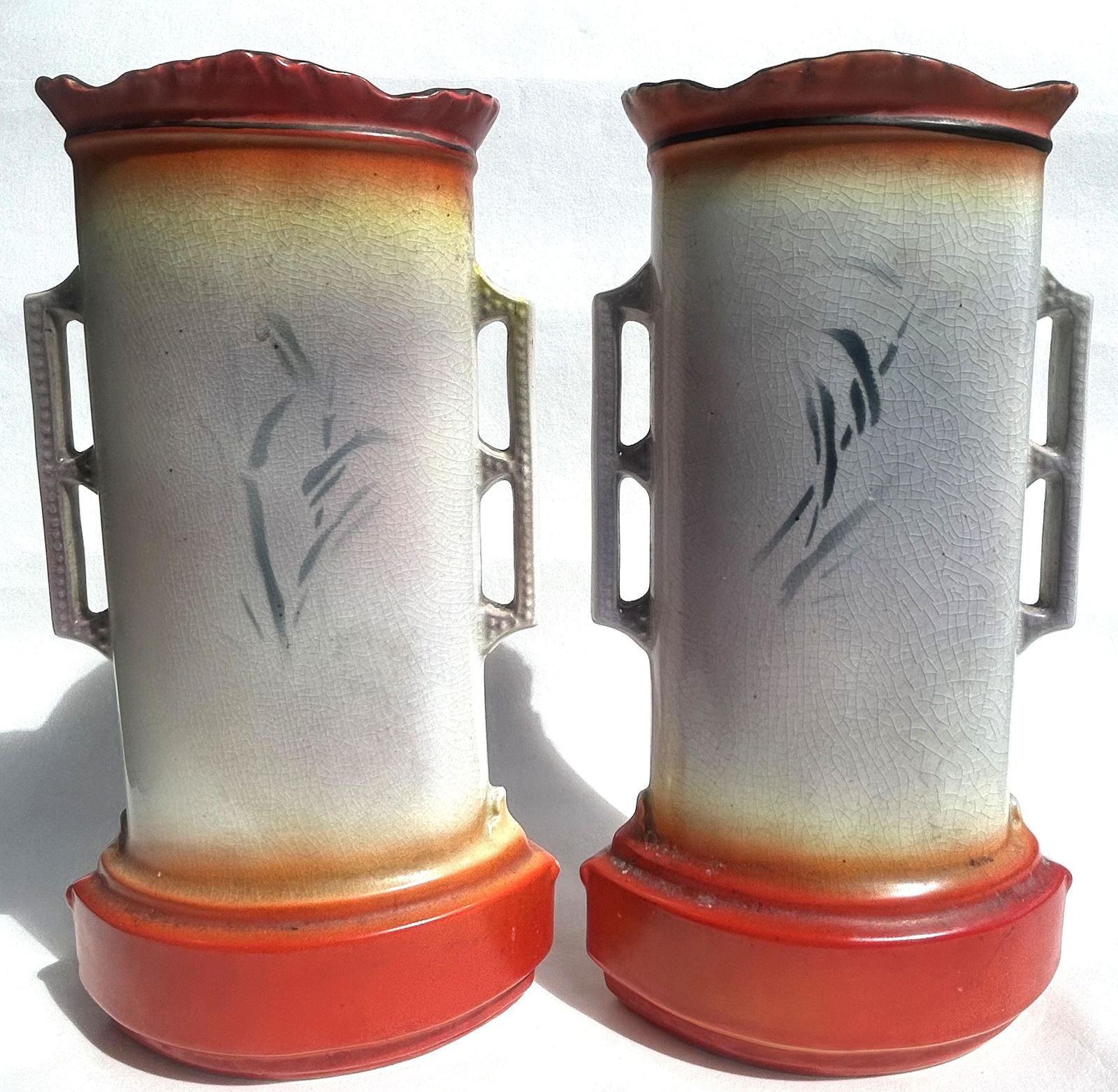 Antique Art Nouveau/Deco Pair Pottery Vases Birds photo for sale