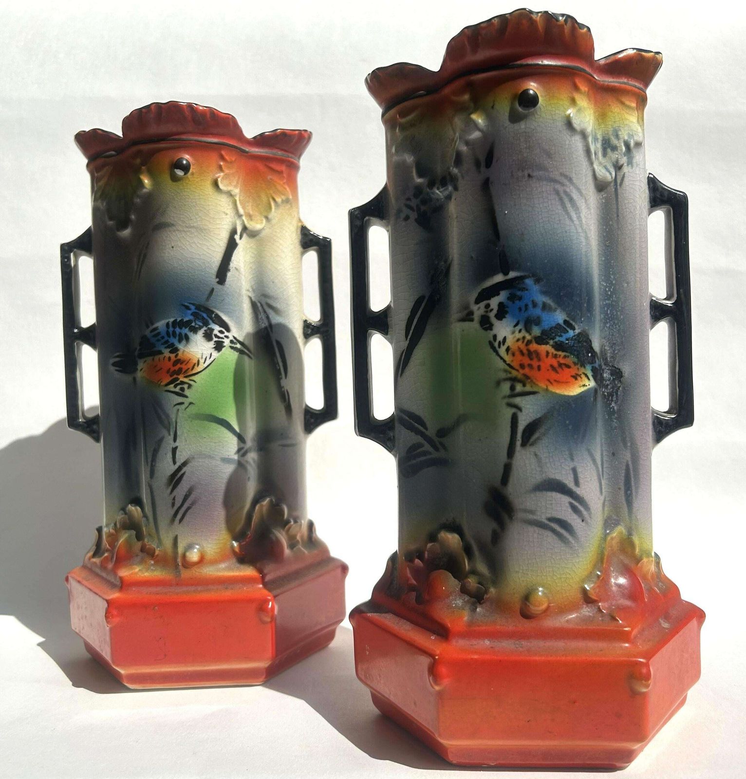 Antique Art Nouveau/Deco Pair Pottery Vases Birds photo Home Decor
