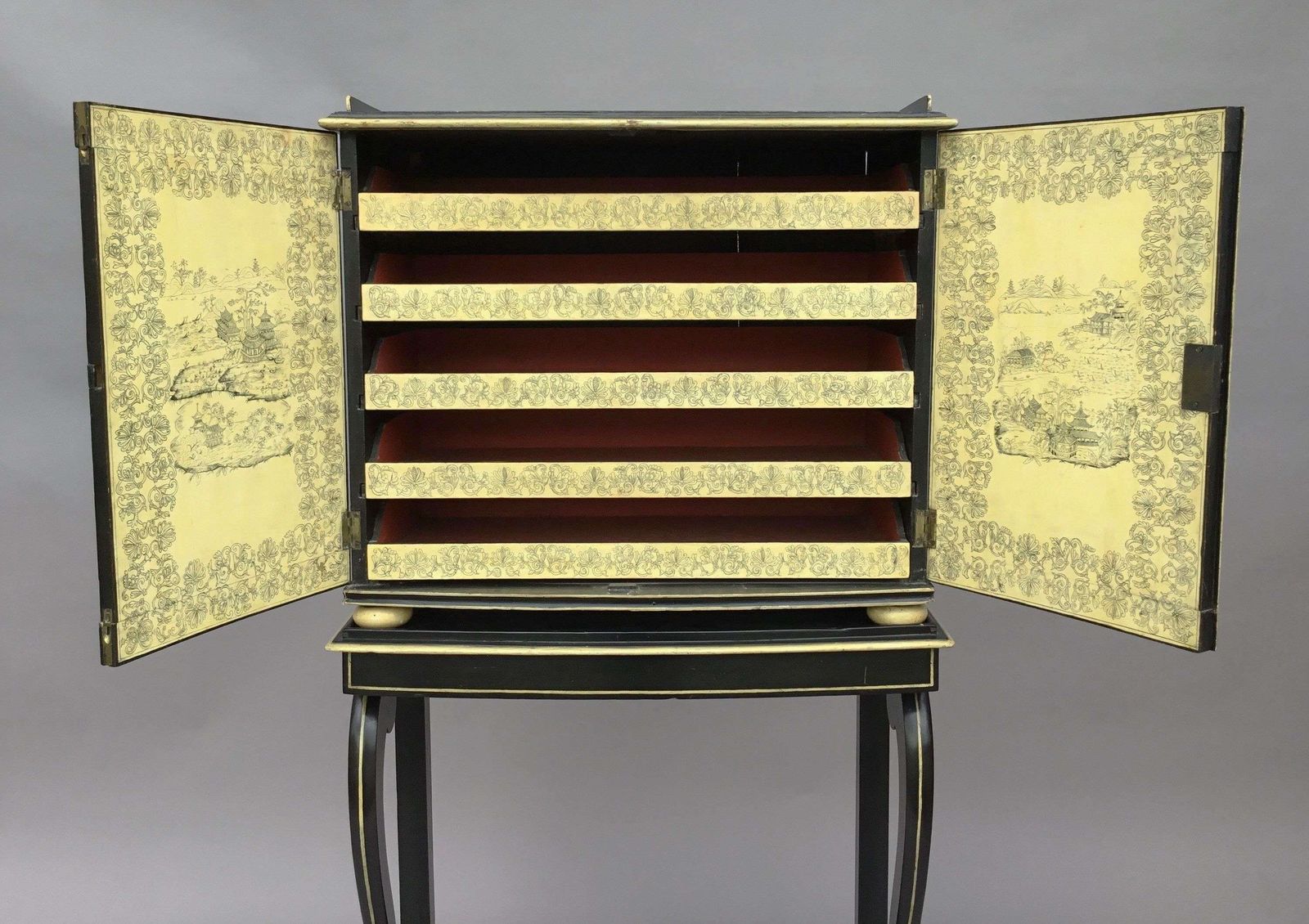 Rare Regency Chinoiserie Penwork Collectors Cabinet On Stand photo for sale