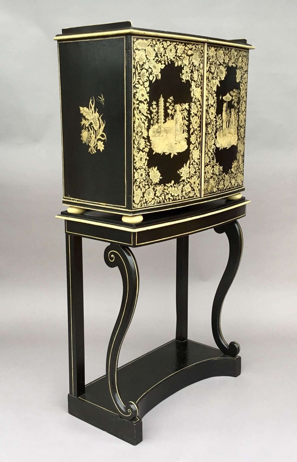 Rare Regency Chinoiserie Penwork Collectors Cabinet On Stand photo vintage