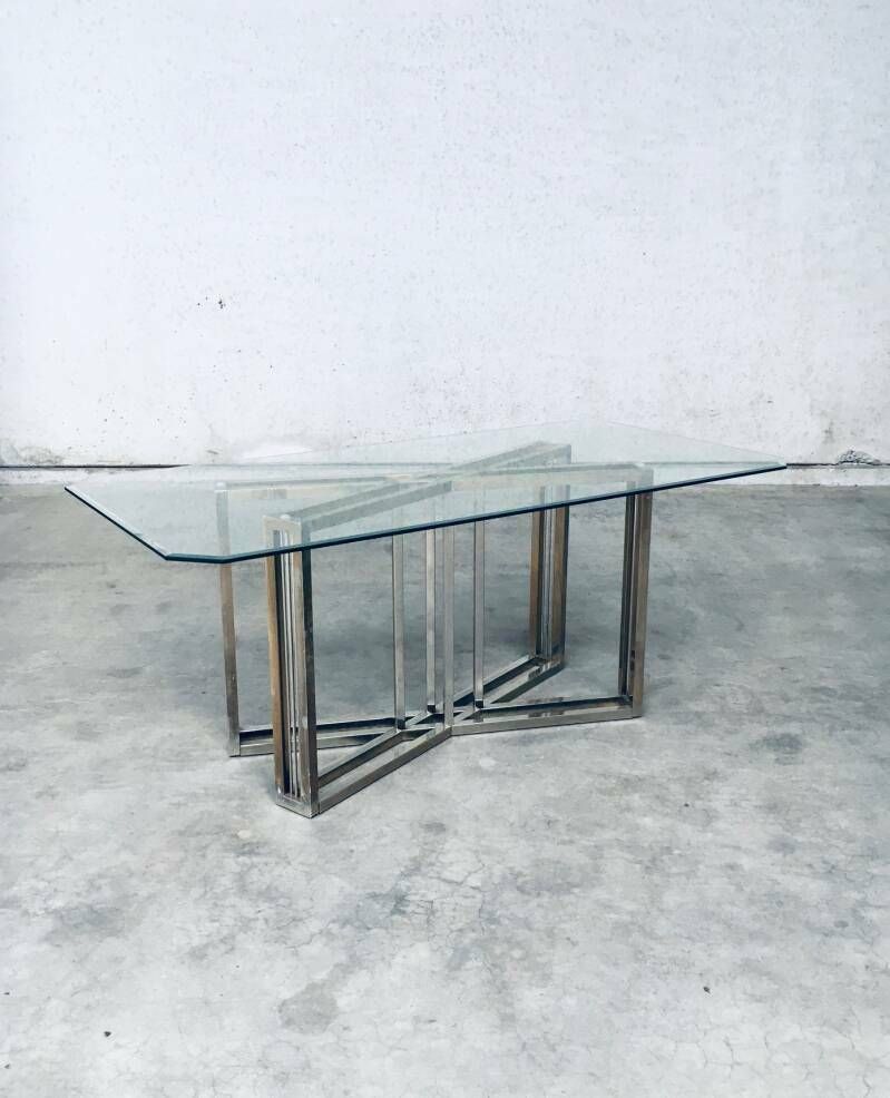 Hollywood Regency Stijl Geometrisch Ontwerp Messing & Glas Eettafel Van Belgochrom