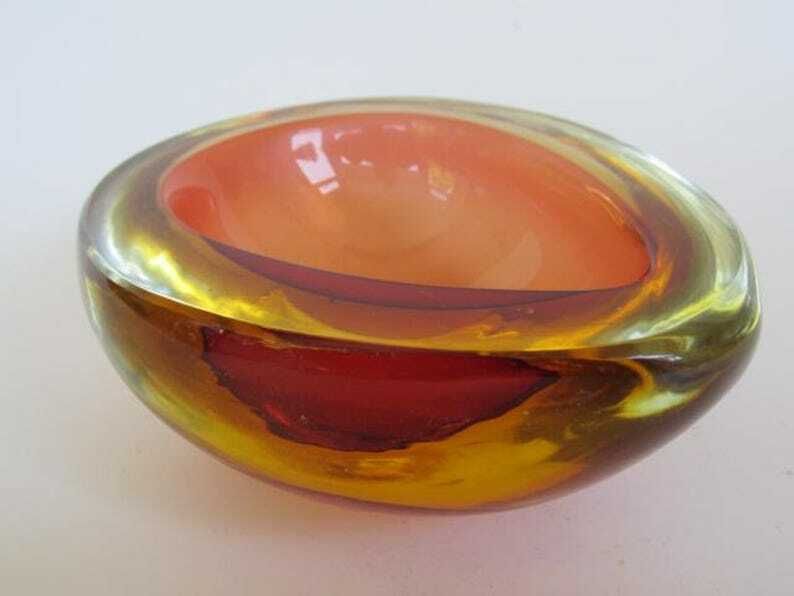 Murano Seguso Poli Sommerso Pink & Golden Amber Pear Shaped Glass Geode Bowl photo vintage