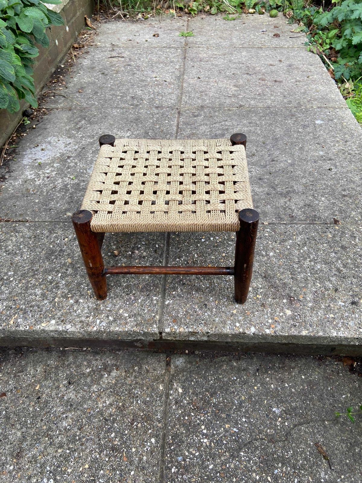 Child's Vintage String Woven Antique Wooden Stool   Dark Wood Frame With Woven String Hatched Seat   Child's Stool, Foot Stool, Plant Stand photo furniture