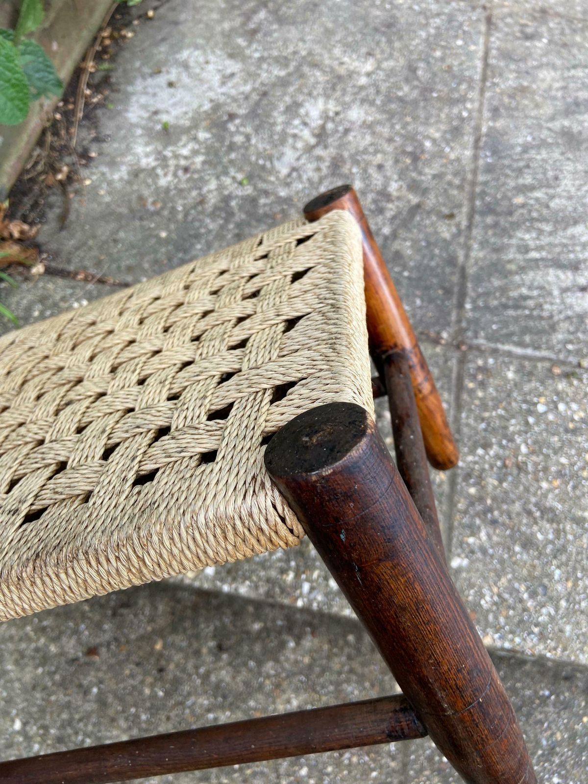 photo furniture Child's Vintage String Woven Antique Wooden Stool   Dark Wood Frame With Woven String Hatched Seat   Child's Stool, Foot Stool, Plant Stand