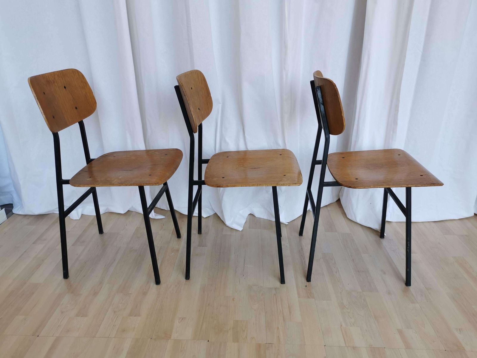 Set Of 3 Vintage School Chairs / Retro Wooden Dining Chair With Metal Base / Stol Kamnik Yugoslavia 1970 / Mid Century Dine Bistro Bar Pub photo Furniture