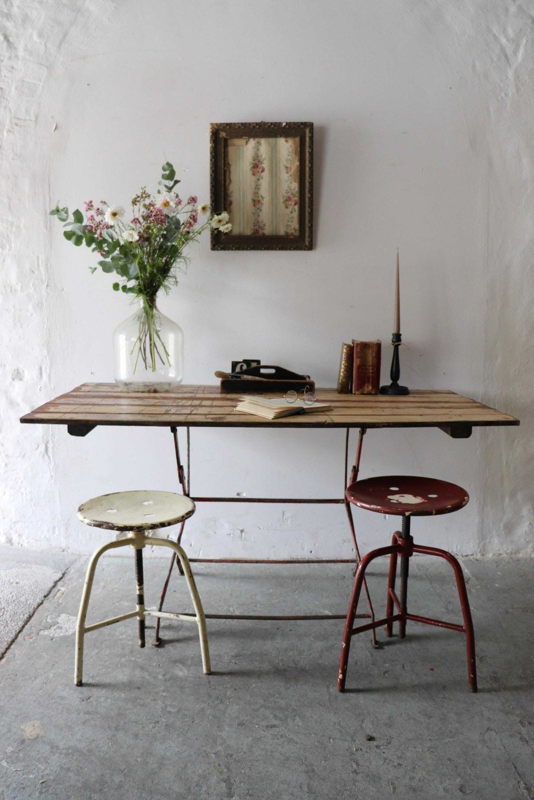Striking Vintage French Trestle Table Or Desk With Attractive Painted And Distressed Plank Top And Metal Folding Legs