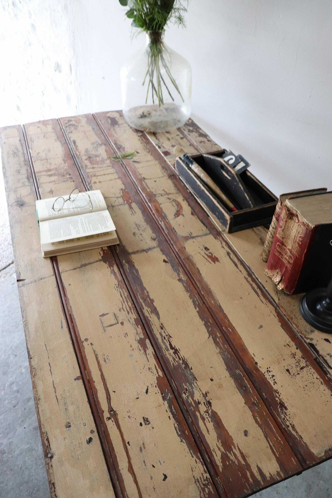 Striking Vintage French Trestle Table Or Desk With Attractive Painted And Distressed Plank Top And Metal Folding Legs photo buy