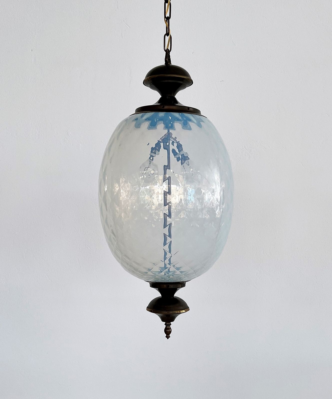photo for sale Italian Pendant  Lantern In Brass And Opaline Textural Murano Glass, 1970