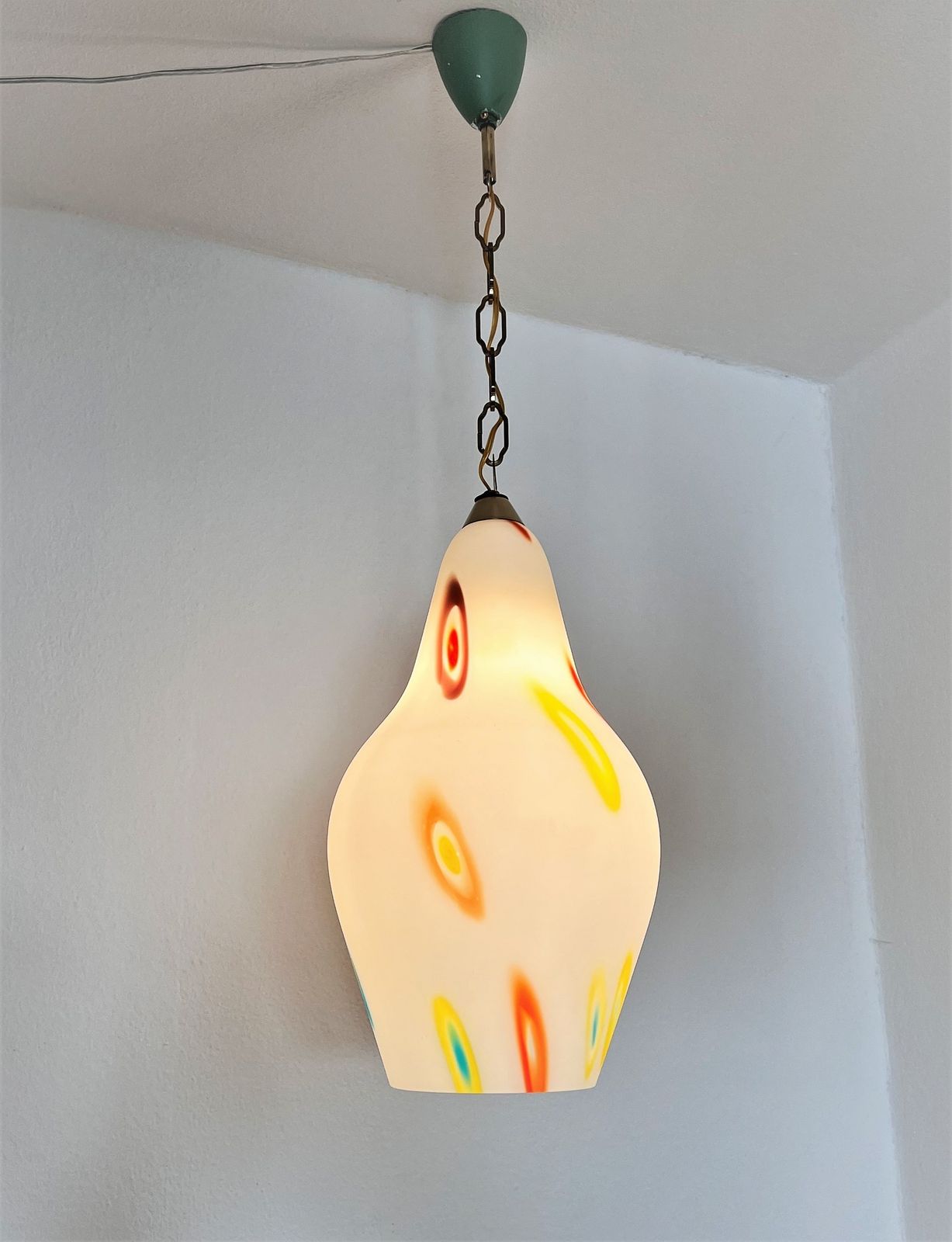 photo for sale Italian Midcentury Murano Glass Pendant Lights With Colorful Murrine, 1970s, Set Of 2