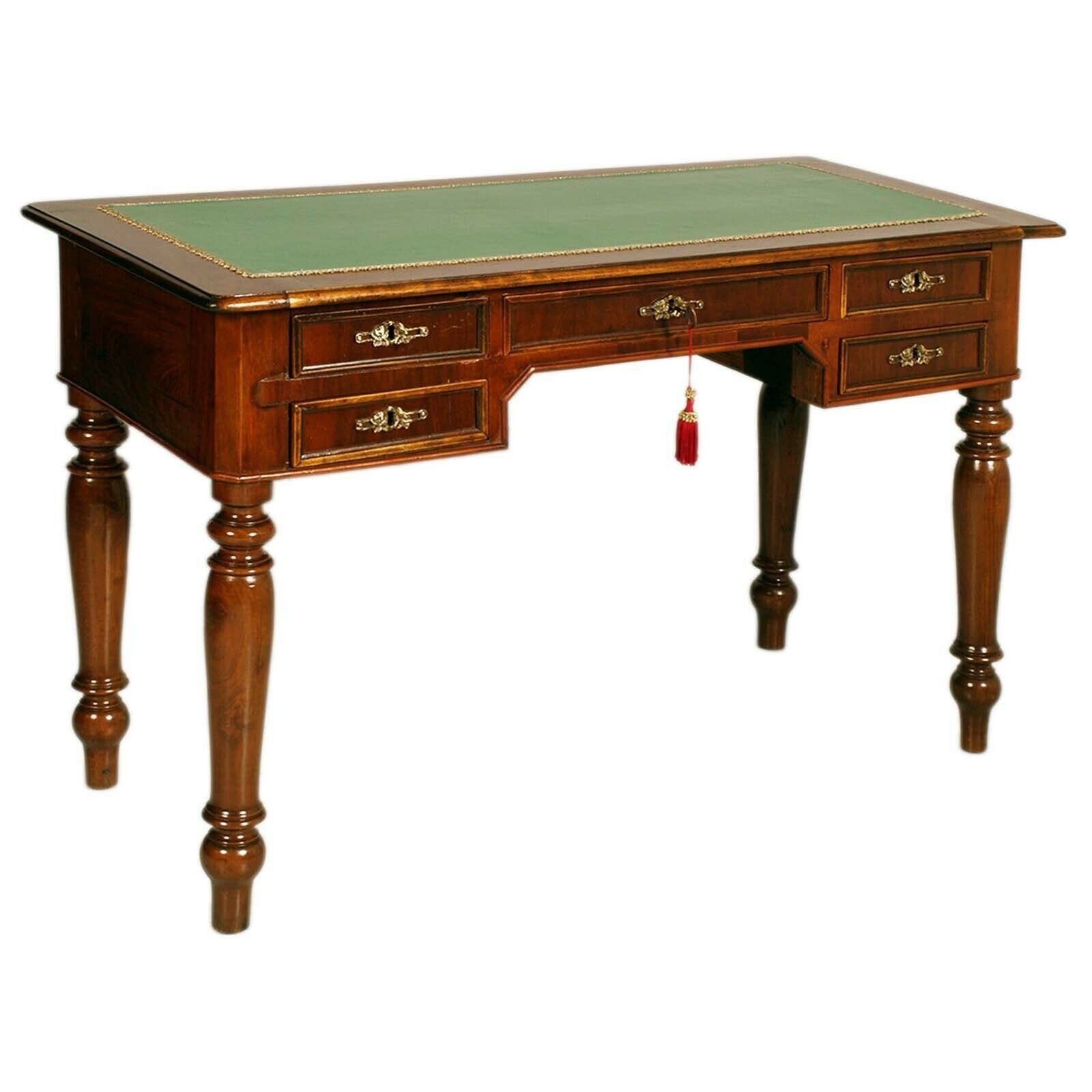 Desk 19th Century Italy Walnut Drawers Louis Philippe Green Leather Top Restored