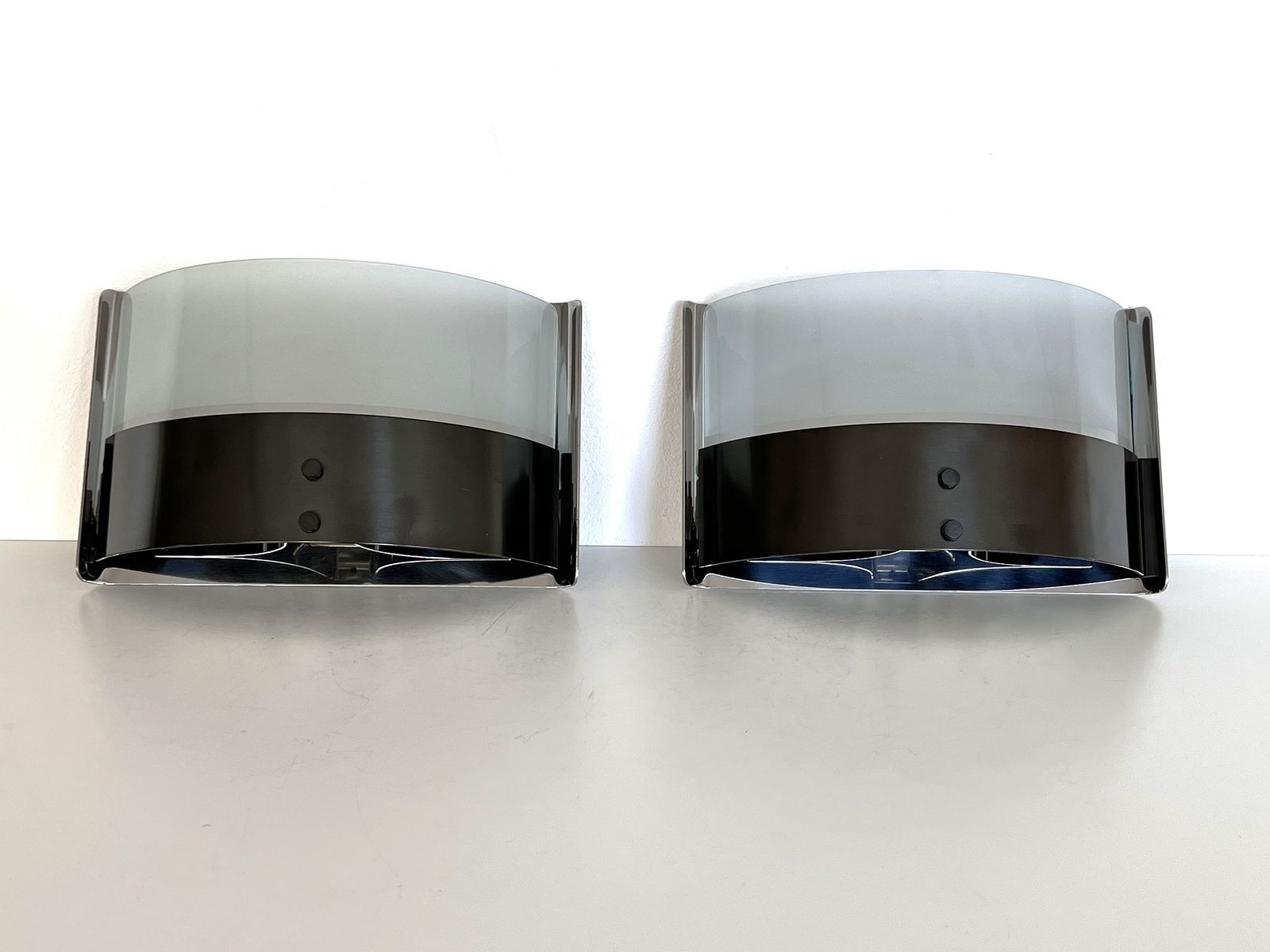 Luigi Caccia Dominioni Pair Wall Sconces Lp19 "Monaco" In Steel And Glass, 1970s
