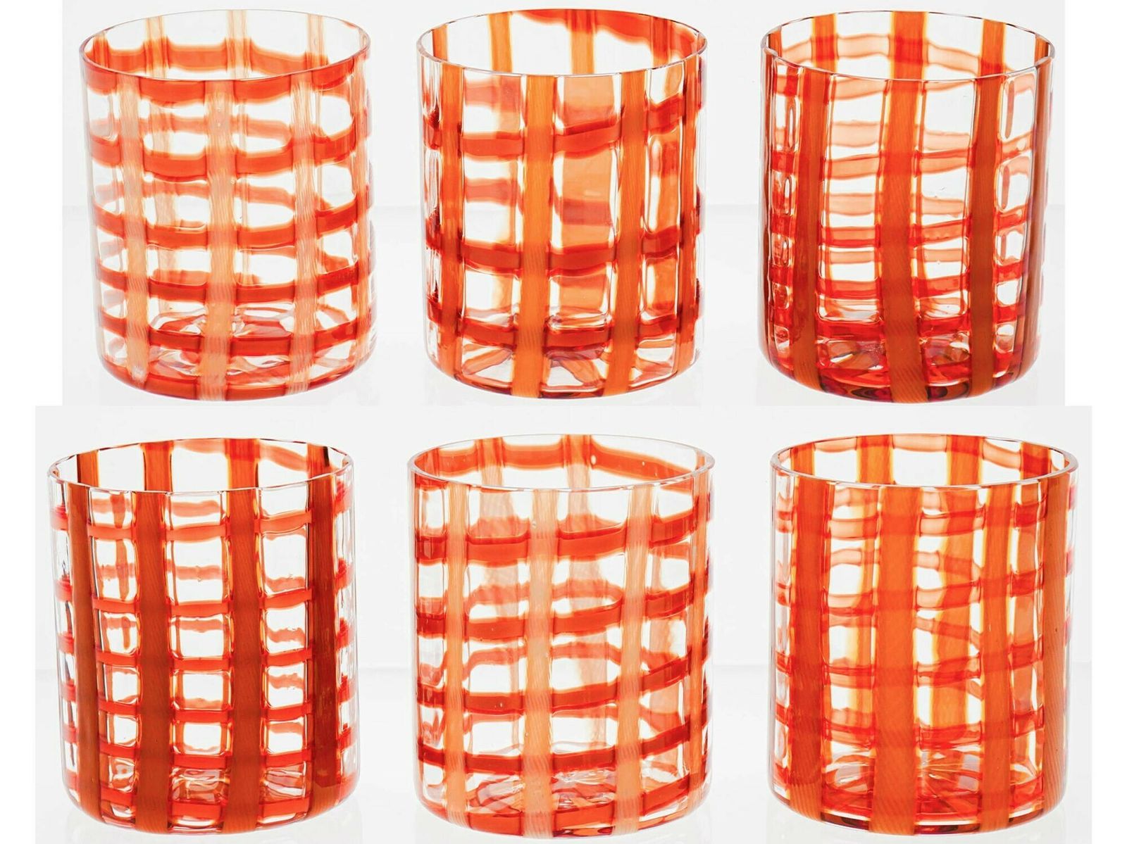 Exclusive Set Of 6 Murano Tumblers, Burnt Orange Zanfirico Over White, Cenedese