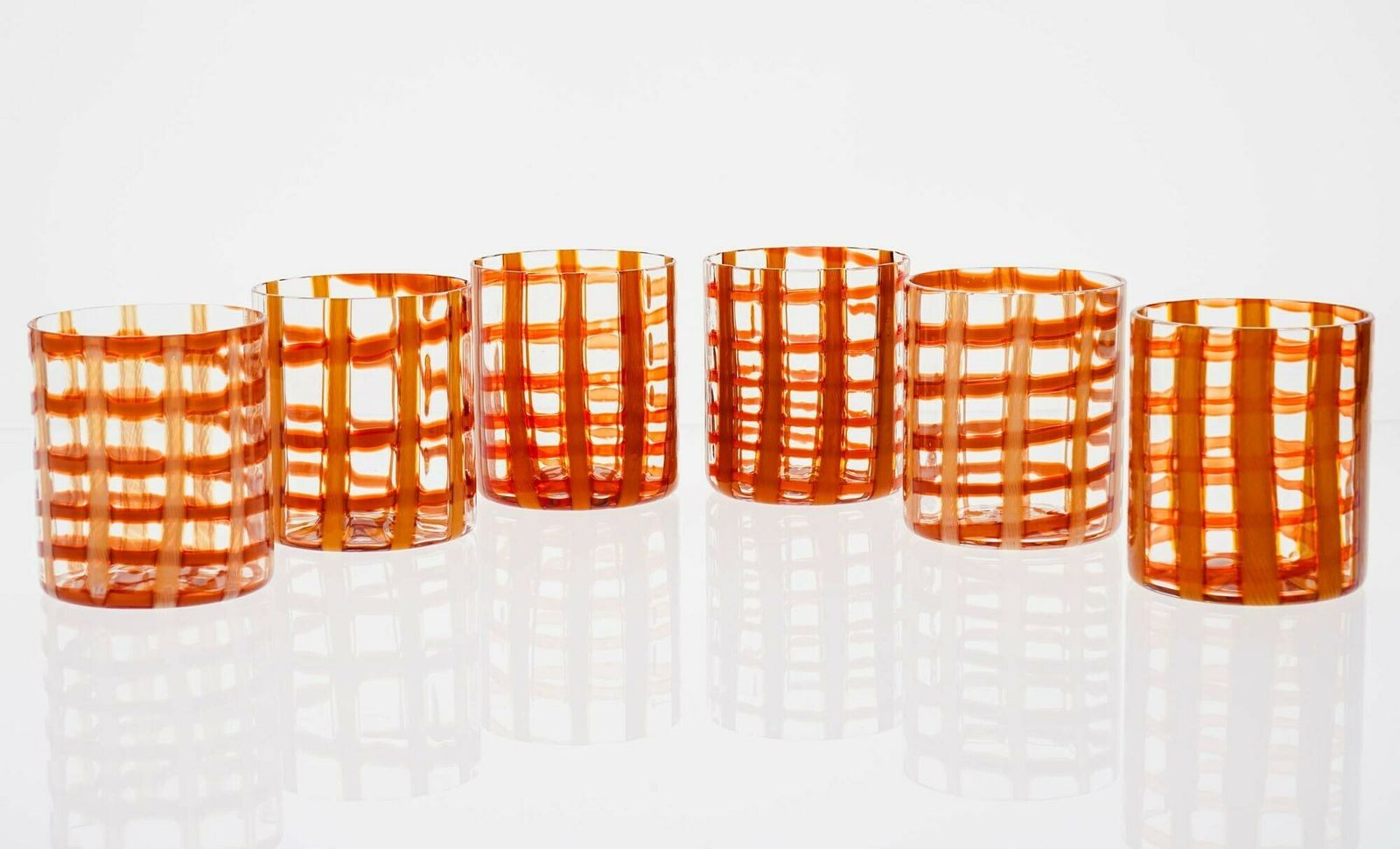 Exclusive Set Of 6 Murano Tumblers, Burnt Orange Zanfirico Over White, Cenedese photo furniture