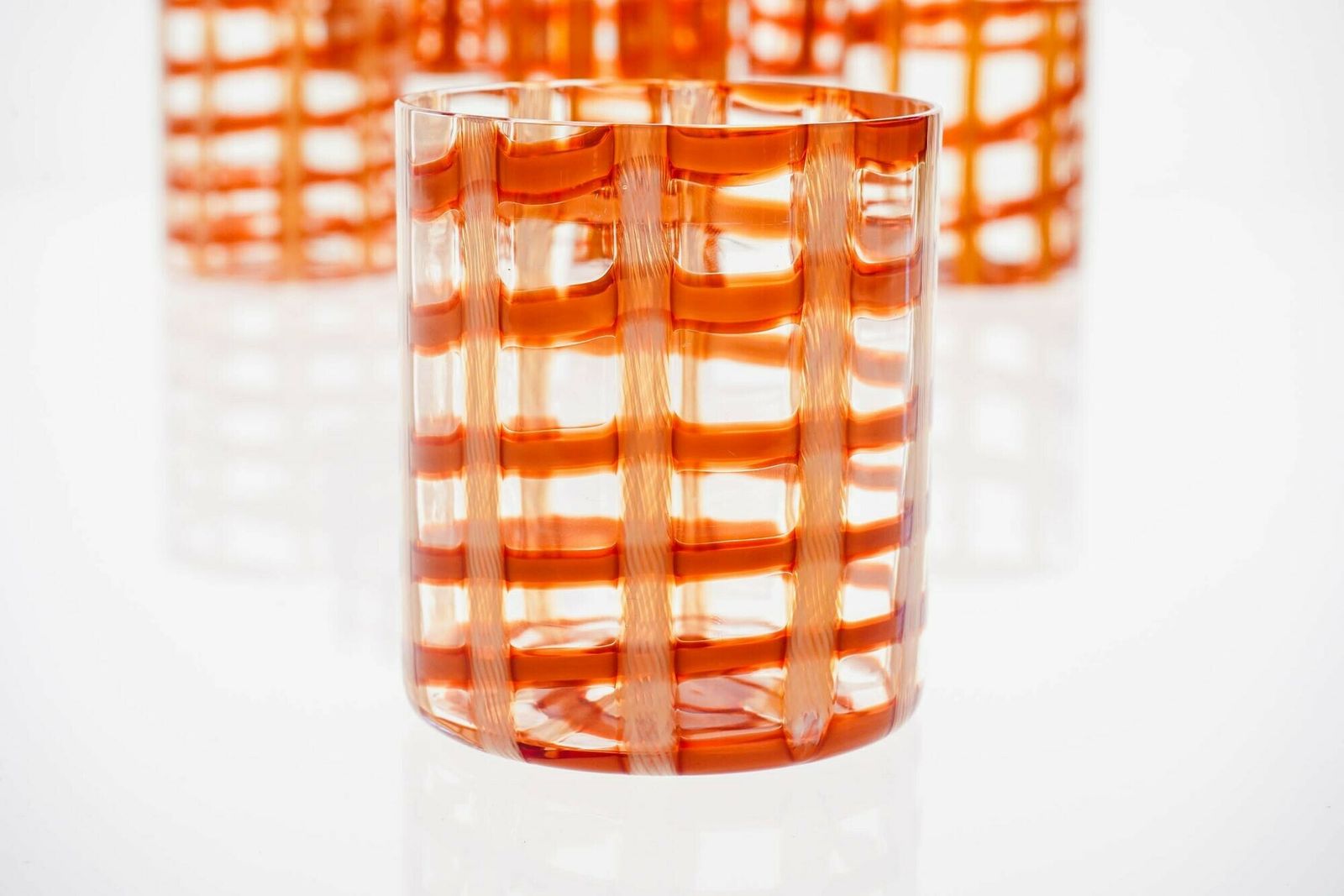 Exclusive Set Of 6 Murano Tumblers, Burnt Orange Zanfirico Over White, Cenedese photo 1800.0