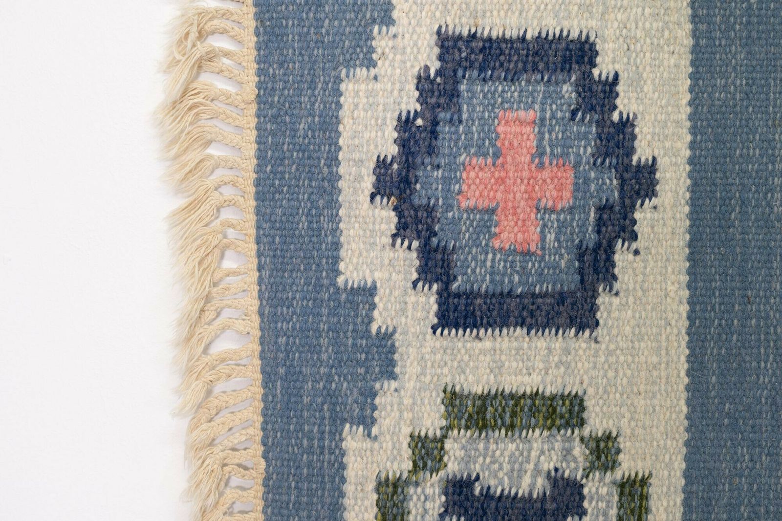 Mid Century Swedish Kilim In Blue And Cream photo Textiles