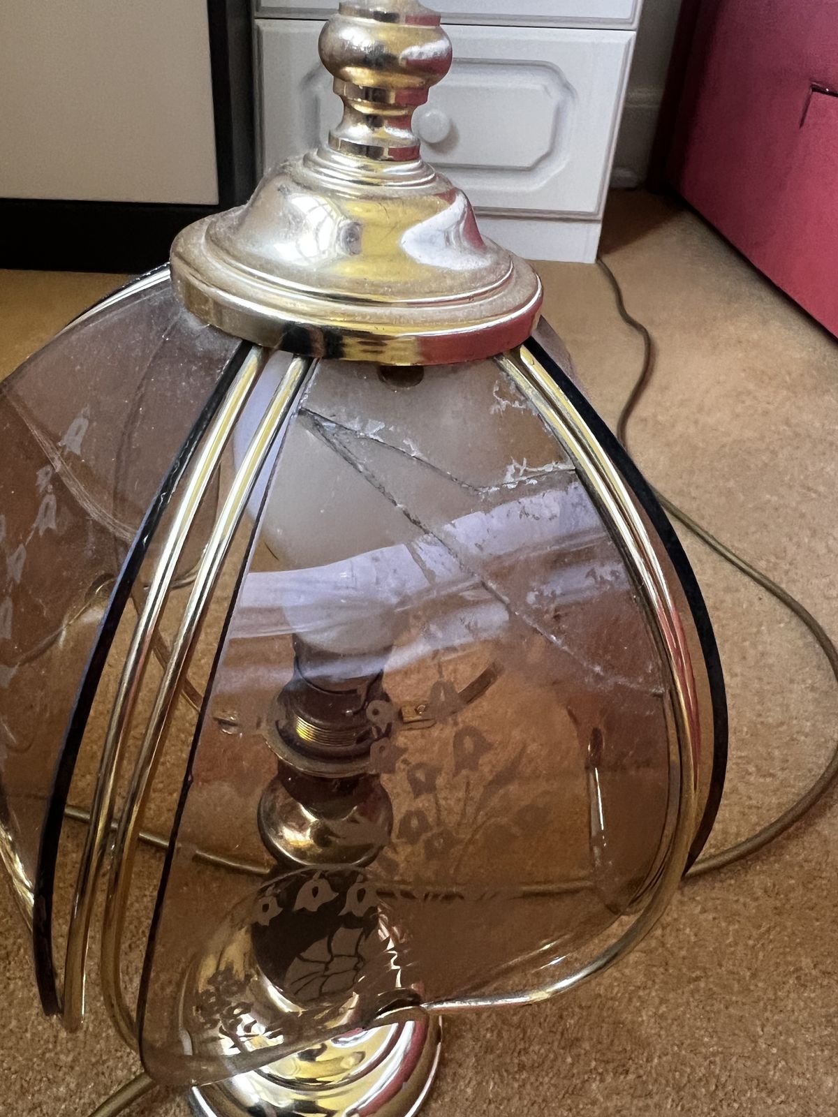 Pair Of Brown Glass Petal Lamps With Gold And Floral Detailing photo furniture