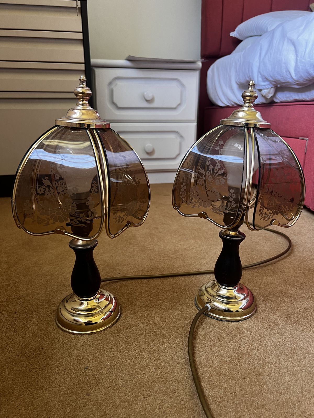 Pair Of Brown Glass Petal Lamps With Gold And Floral Detailing photo Lighting