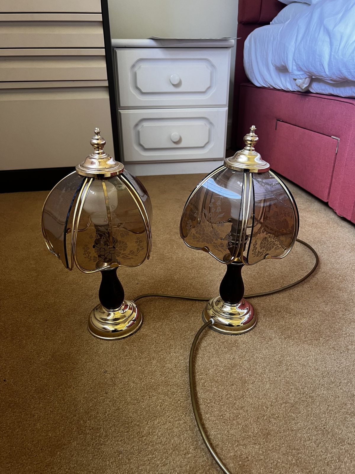 Pair Of Brown Glass Petal Lamps With Gold And Floral Detailing photo 65.0