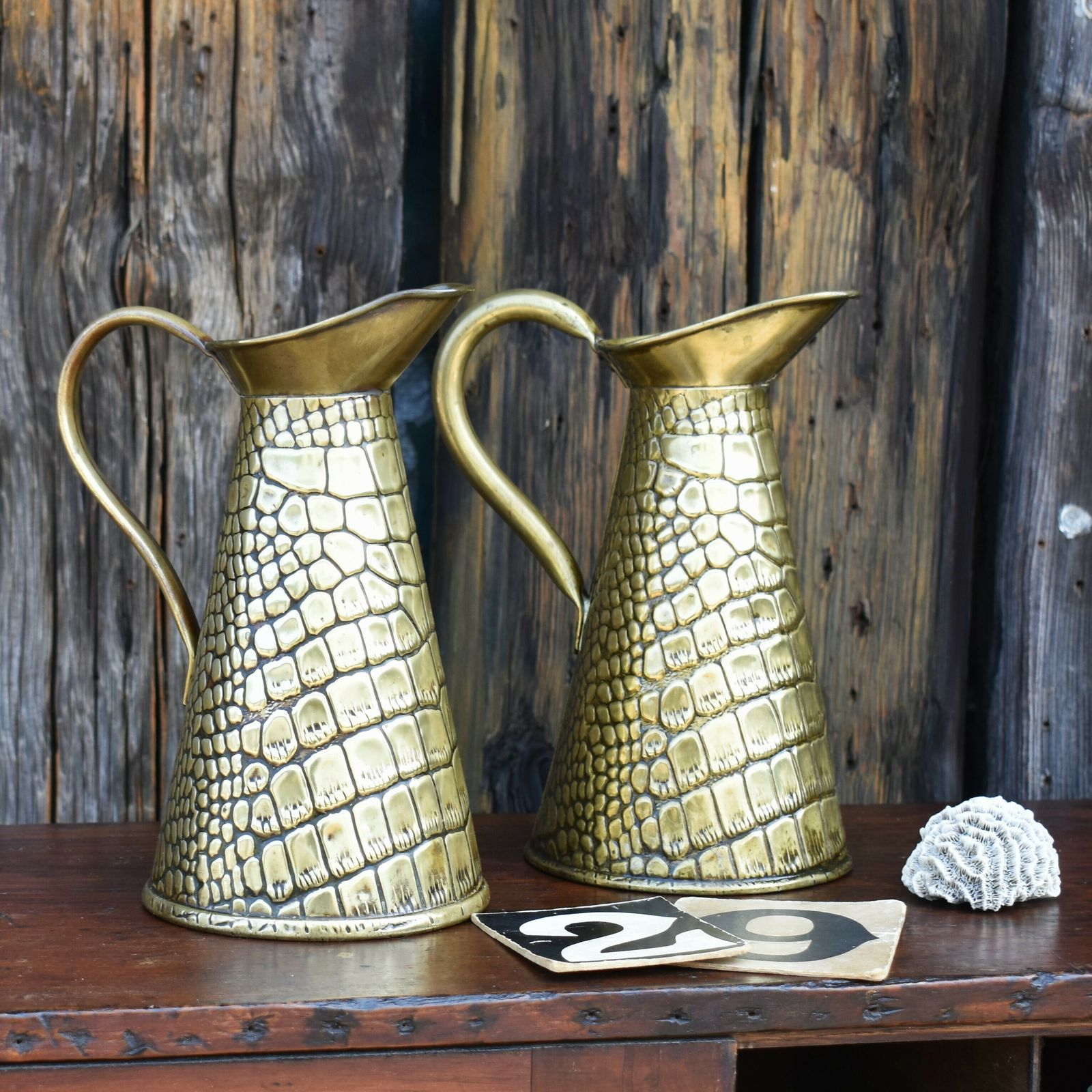 Antique Joseph Sankey Hand Beaten Reptile Repousse Brass Jug Ewer Pitcher Pair