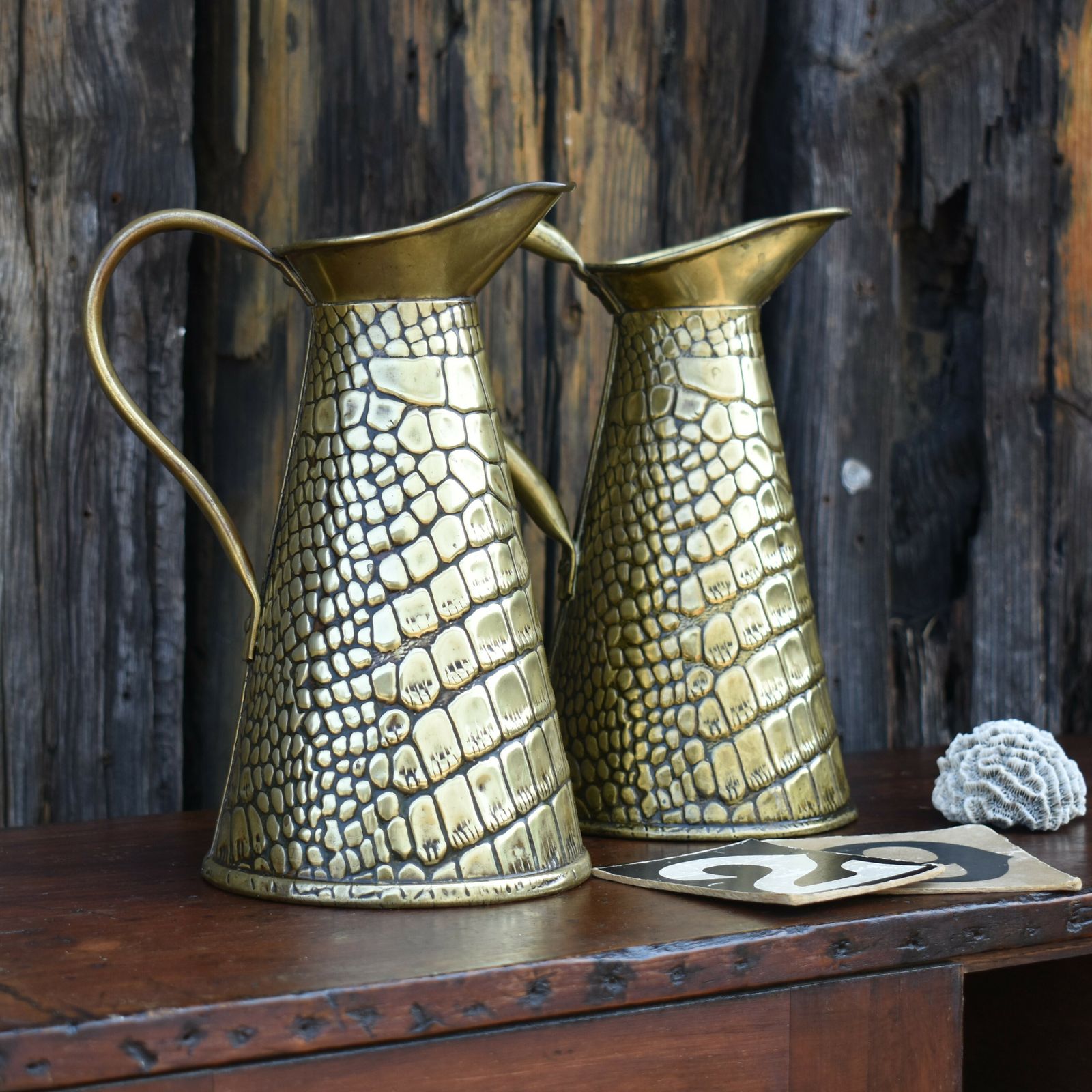 Antique Joseph Sankey Hand Beaten Reptile Repousse Brass Jug Ewer Pitcher Pair photo buy