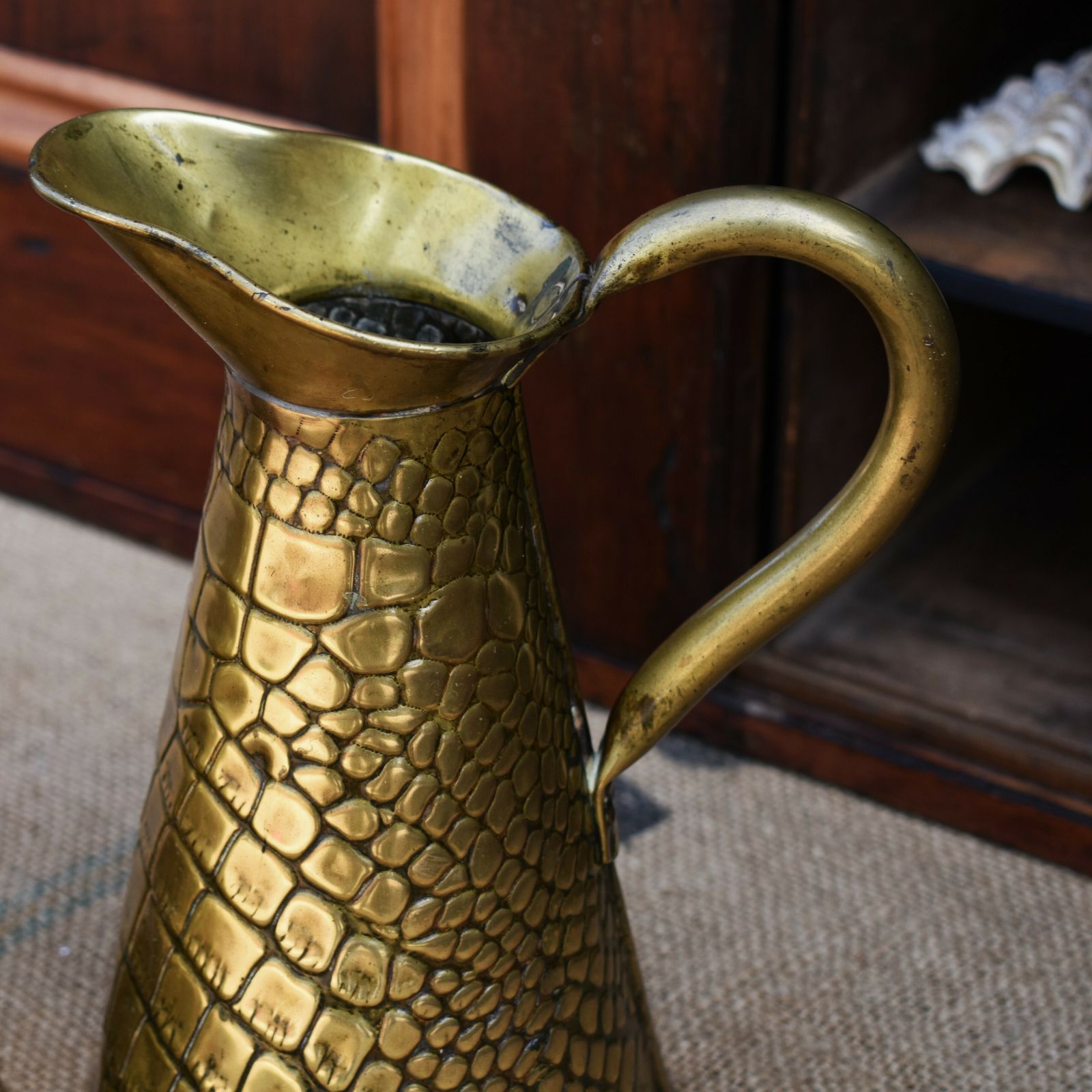 photo furniture Antique Joseph Sankey Hand Beaten Reptile Repousse Brass Jug Ewer Pitcher Pair