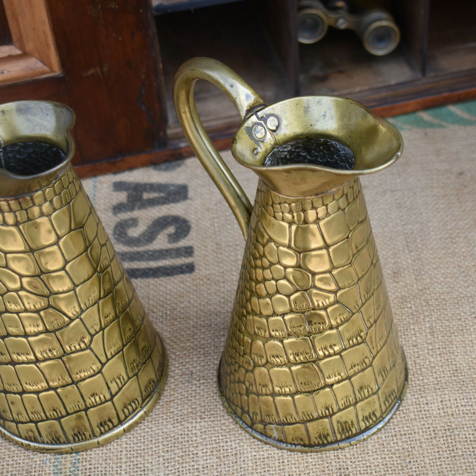 photo for sale Antique Joseph Sankey Hand Beaten Reptile Repousse Brass Jug Ewer Pitcher Pair