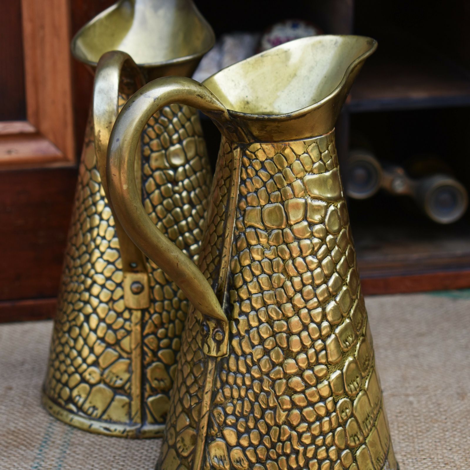 75.0 Antique Joseph Sankey Hand Beaten Reptile Repousse Brass Jug Ewer Pitcher Pair photo