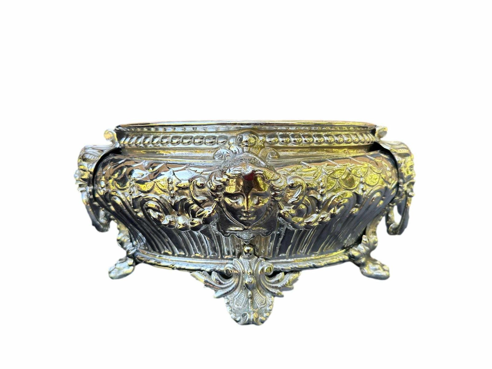 French Antique Silver Metal Planter, Mascaron, Lion 19th photo 579.0