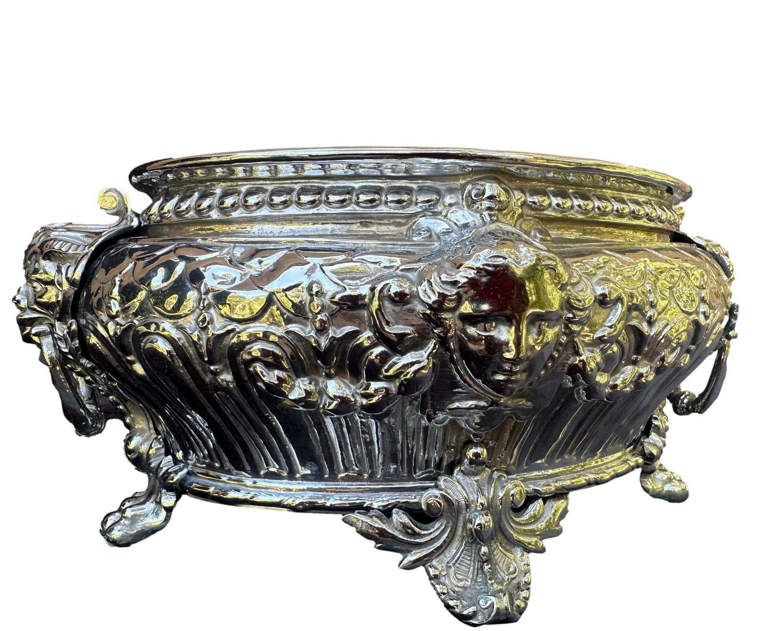 French Antique Silver Metal Planter, Mascaron, Lion 19th photo vinterior
