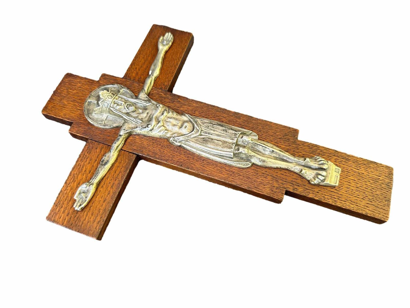French Antique Carved Wood Silver Metal Wall Crucifix Cross photo vinterior