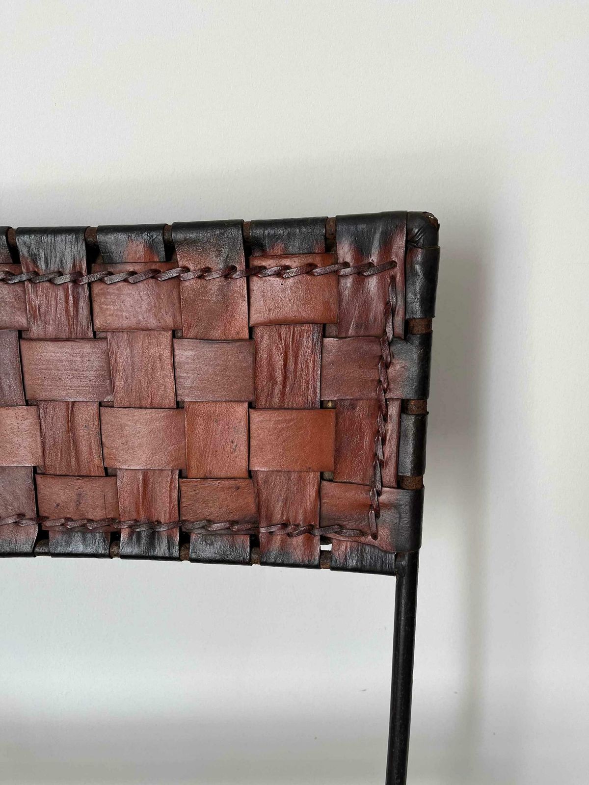 Late Mid Century Woven Leather And Iron Bench, Spain C. 1970, Metal Frame Vintage Seat photo for sale