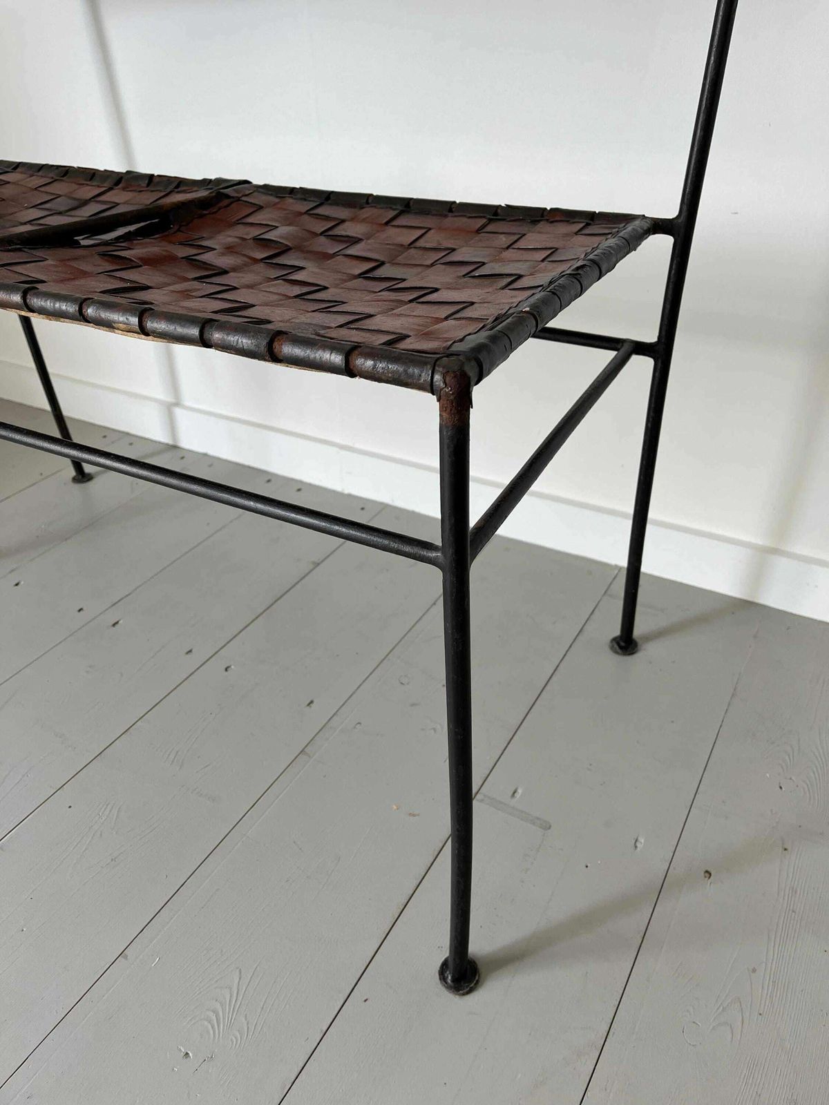 Late Mid Century Woven Leather And Iron Bench, Spain C. 1970, Metal Frame Vintage Seat photo vinterior