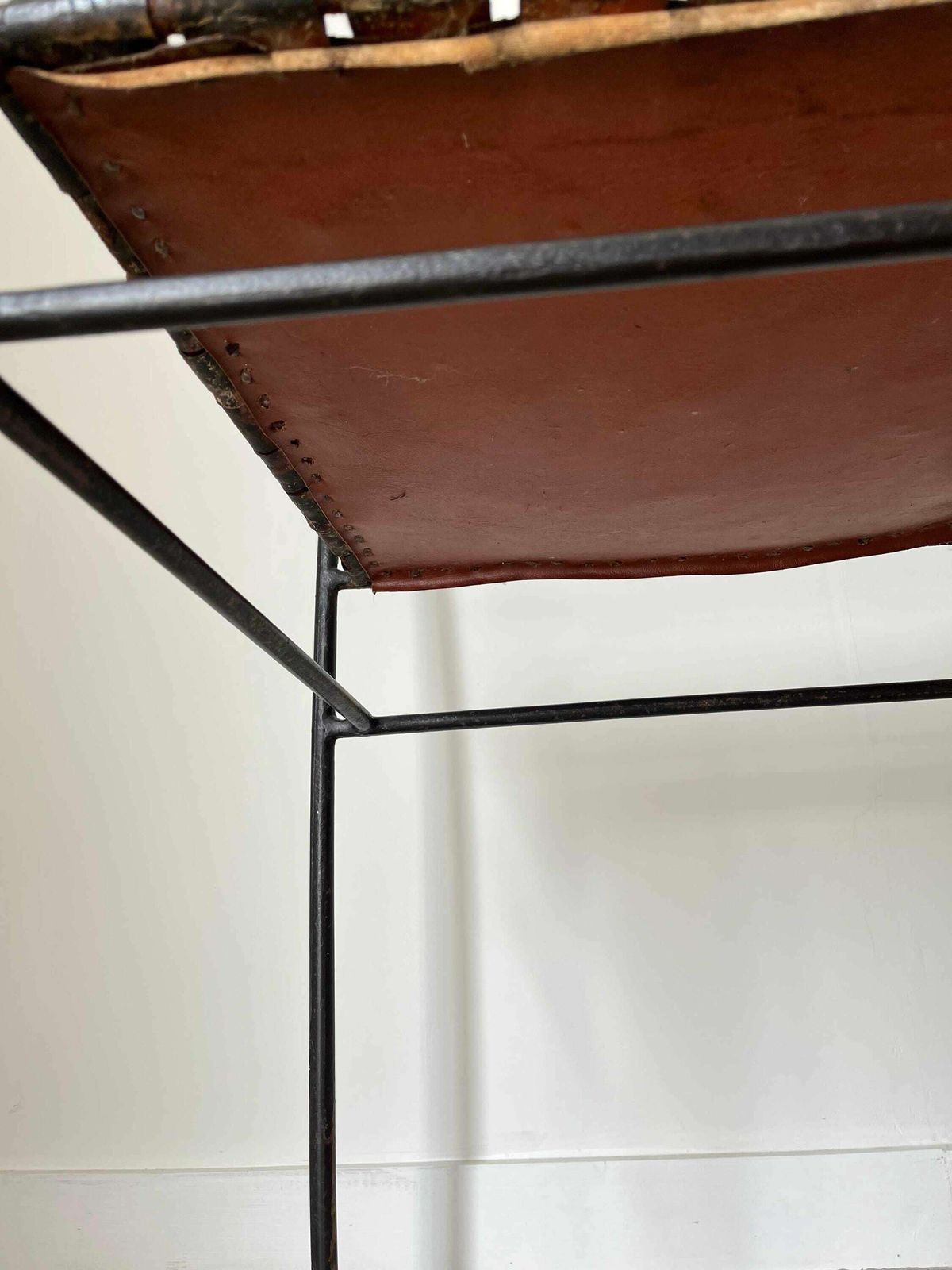 photo for sale Late Mid Century Woven Leather And Iron Bench, Spain C. 1970, Metal Frame Vintage Seat