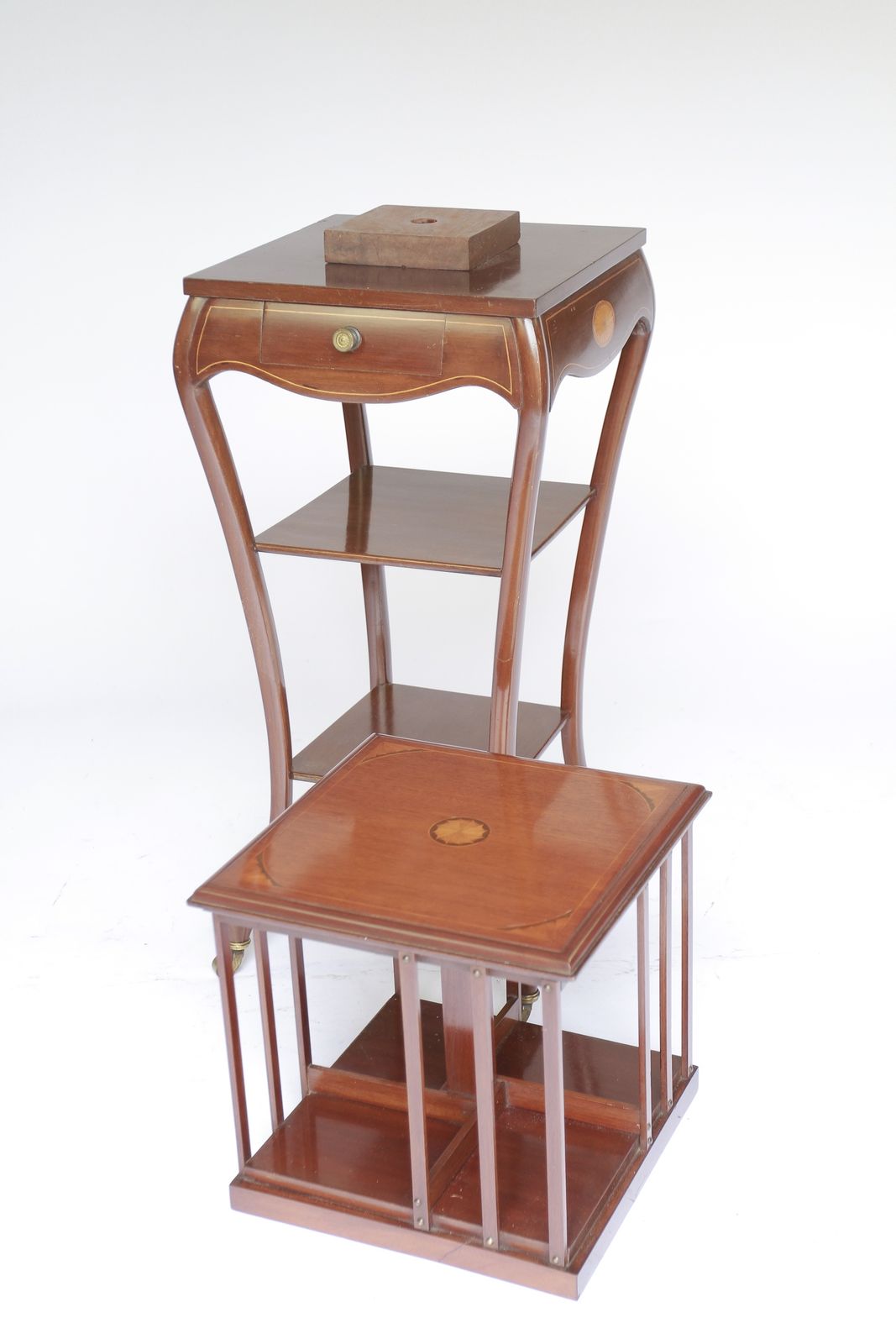 Edwardian Mahogany Inlaid Revolving Bookcase On Stand photo for sale