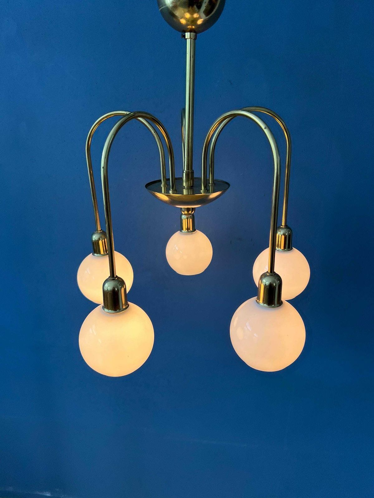 Mid Century Gold Brass Opaline Glass Chandelier photo furniture