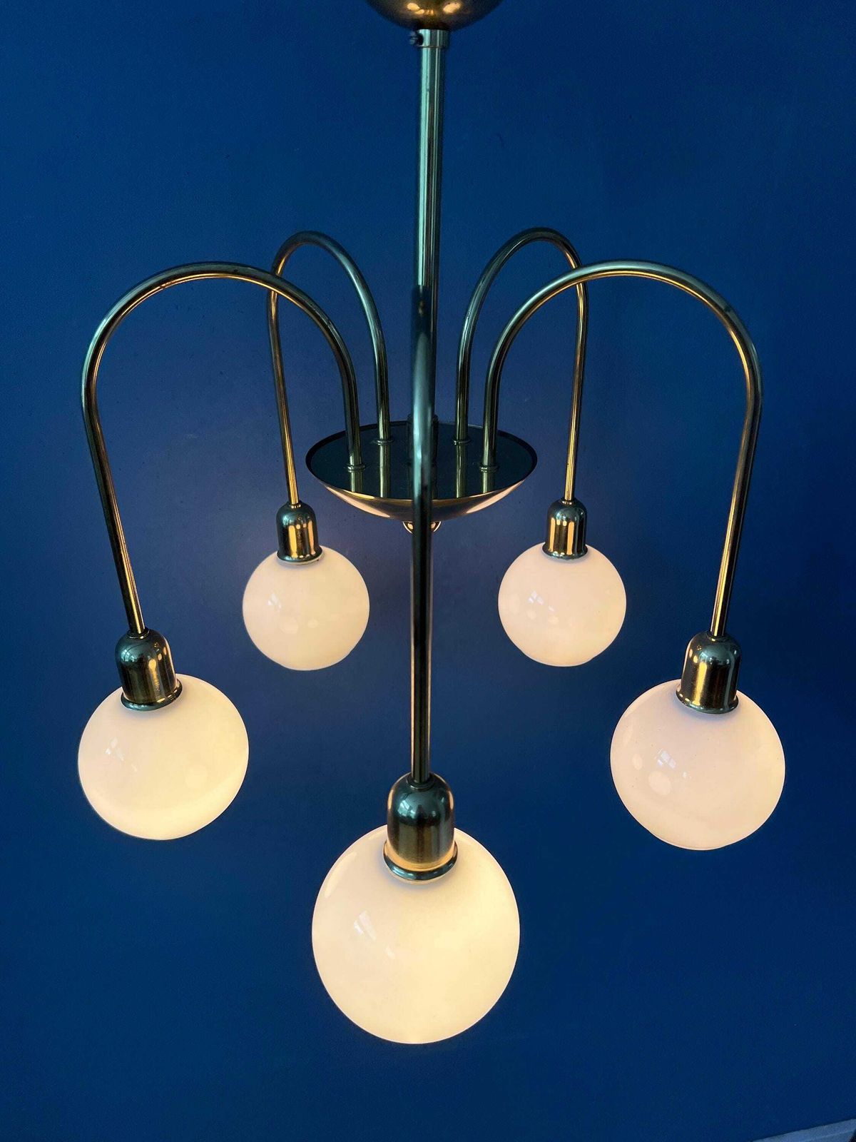 Mid Century Gold Brass Opaline Glass Chandelier photo for sale