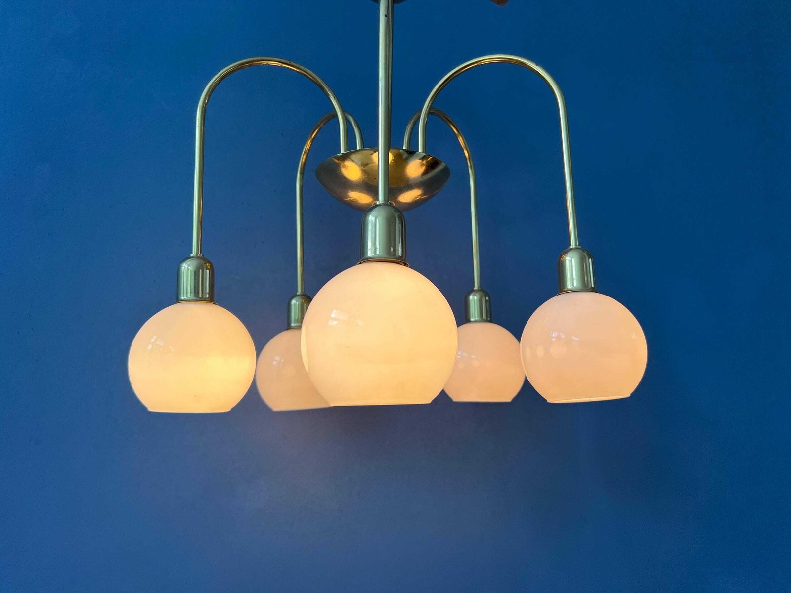 Mid Century Gold Brass Opaline Glass Chandelier photo Lighting