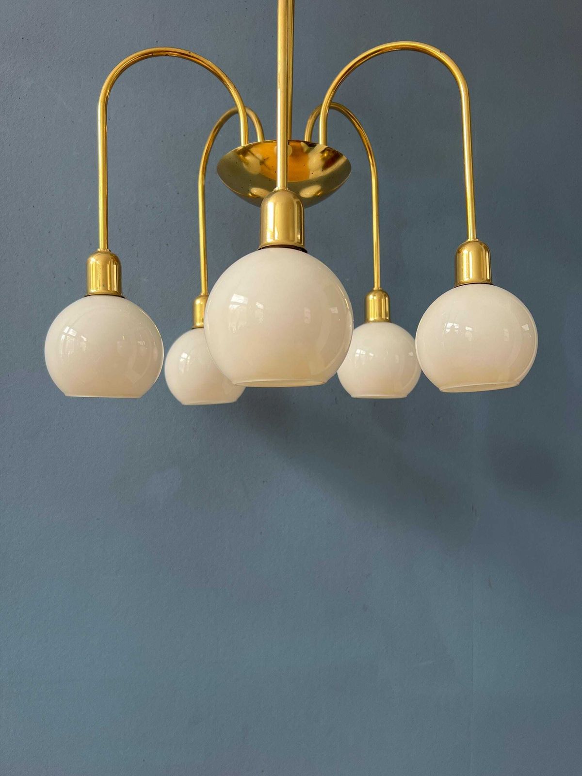 Mid Century Gold Brass Opaline Glass Chandelier photo buy
