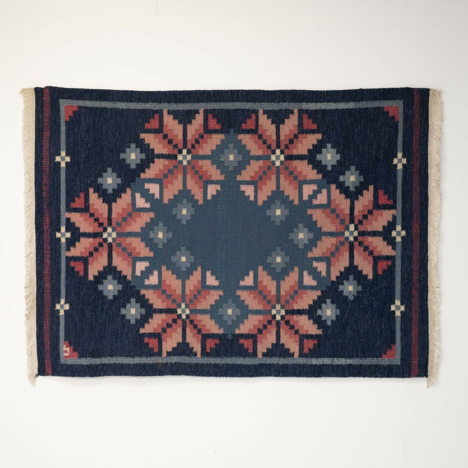 Mid Century Swedish Kilim In Navy And Pink