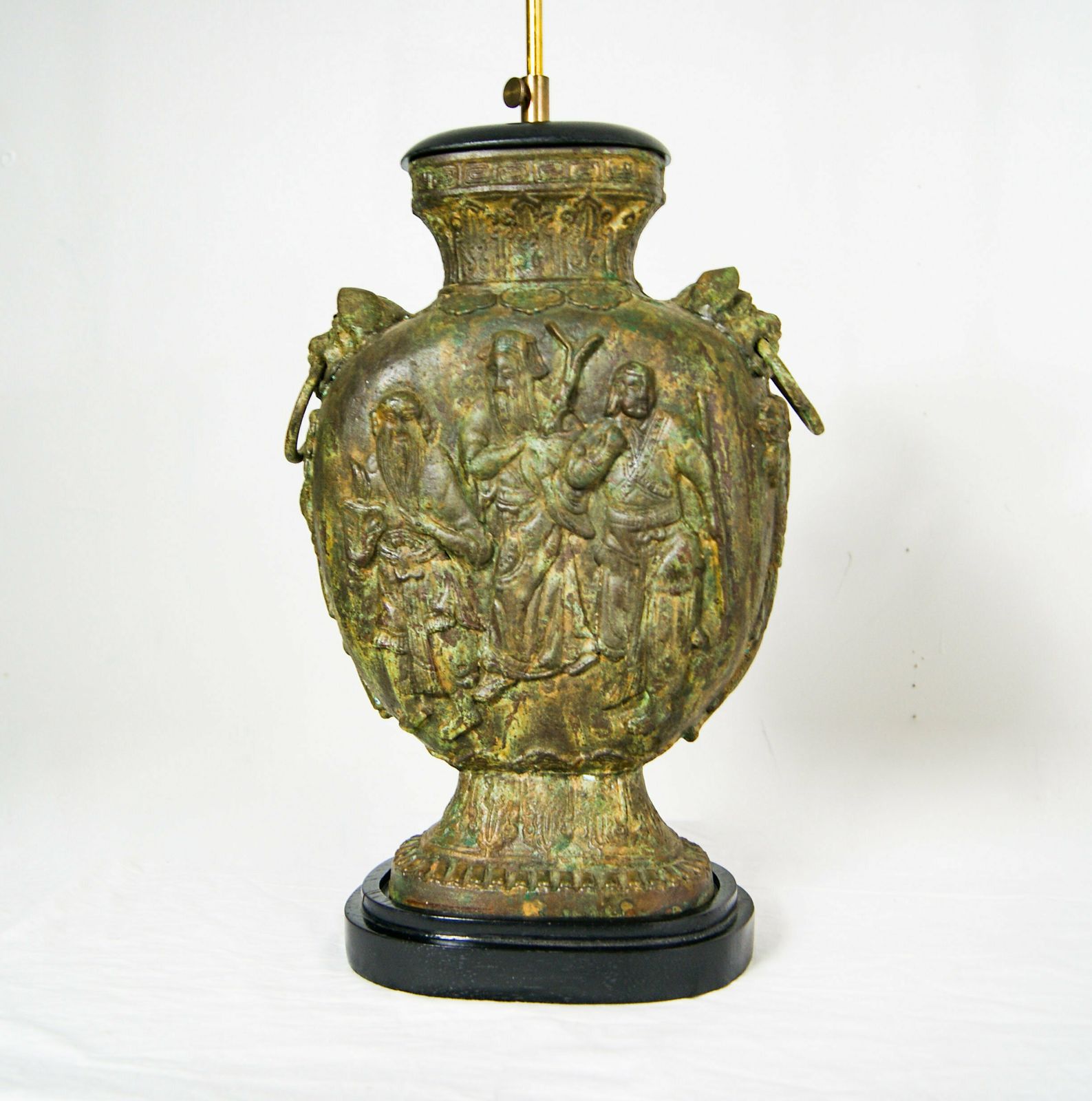 Pair Of Large Brutalist Cast Iron Chinese Guan Yu Figurine Double Bulb Lamps In The Style Of James Mont photo 1890.0