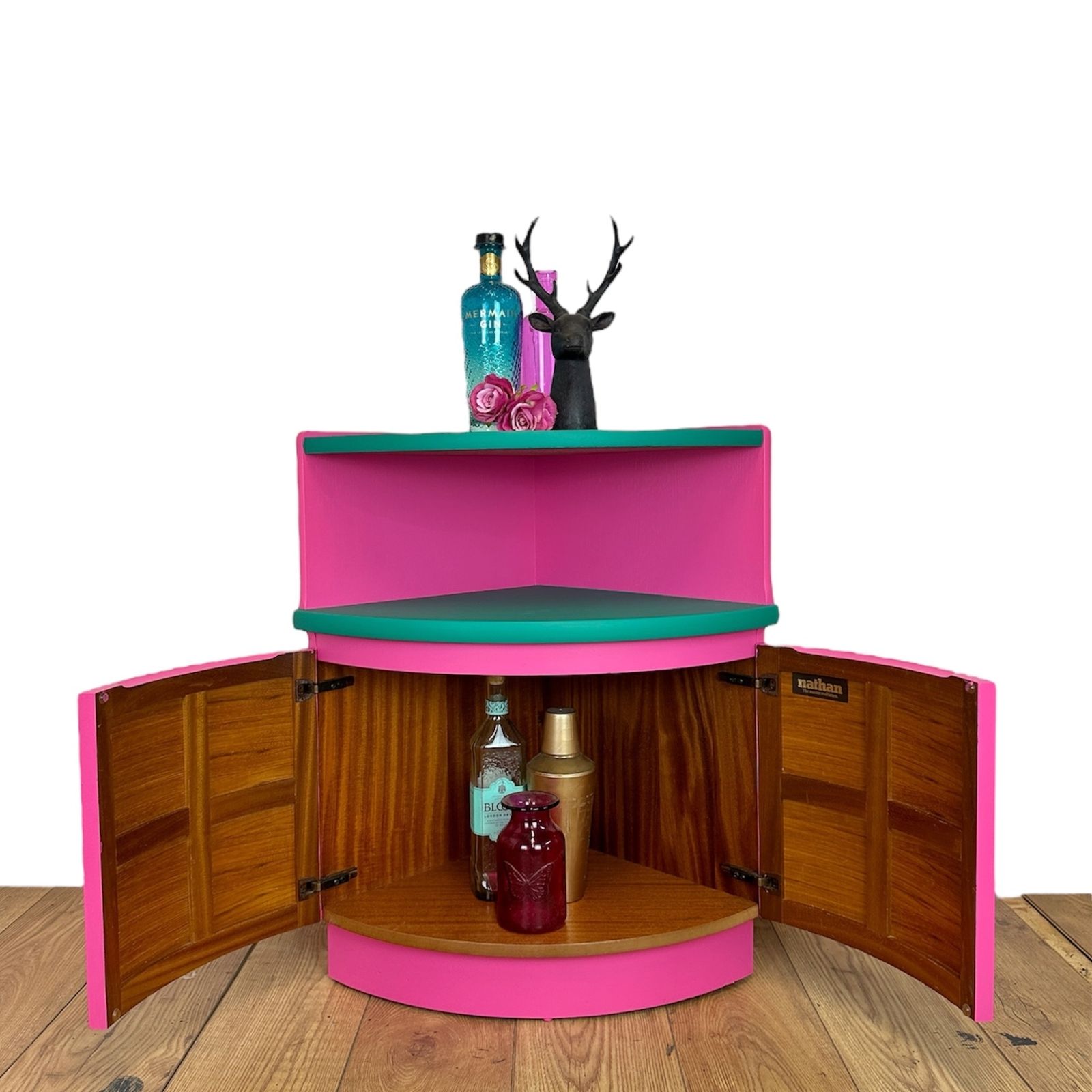 Maximalist Hot Pink And Turquoise Nathan Corner Cabinet With Black And White Geometric Design, Mid Century Modern, Bold, Bright, Statement photo for sale